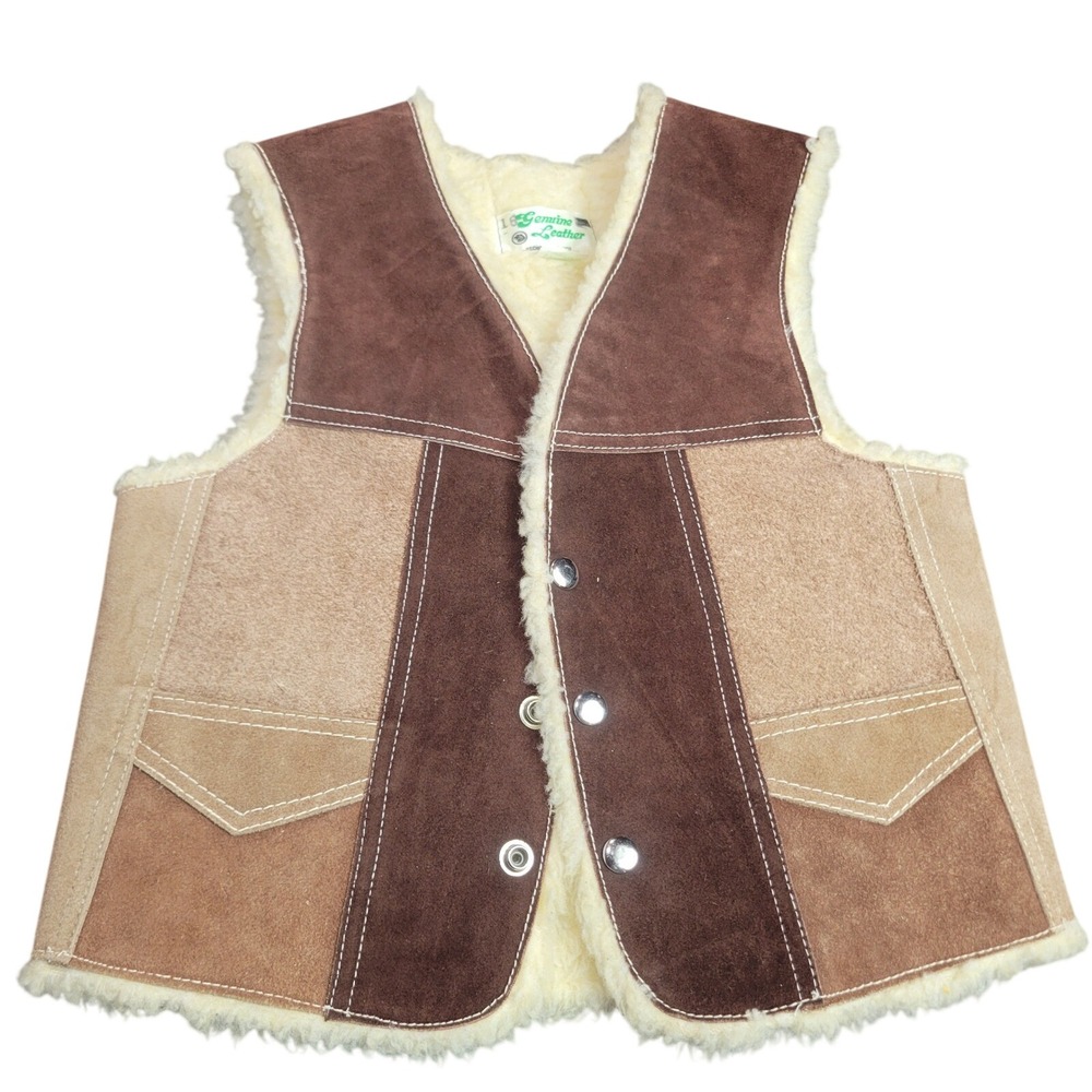 Vintage Genuine Leather Patchwork Suede Vest Shearling Lined Brown Tan Size 5